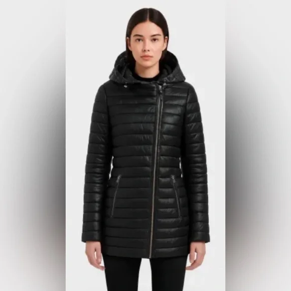 Atelier Noir Black Cortina Coat Quilted Jacket Duck Down Lamb Leather Trim Large - Picture 1 of 16